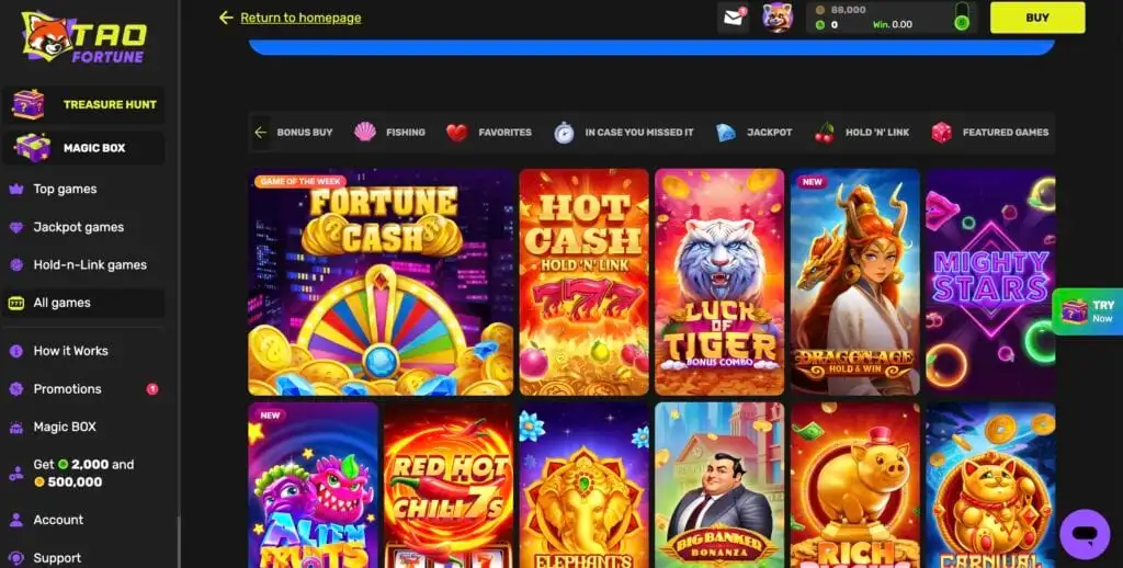 Games available on TAO Fortune Casino