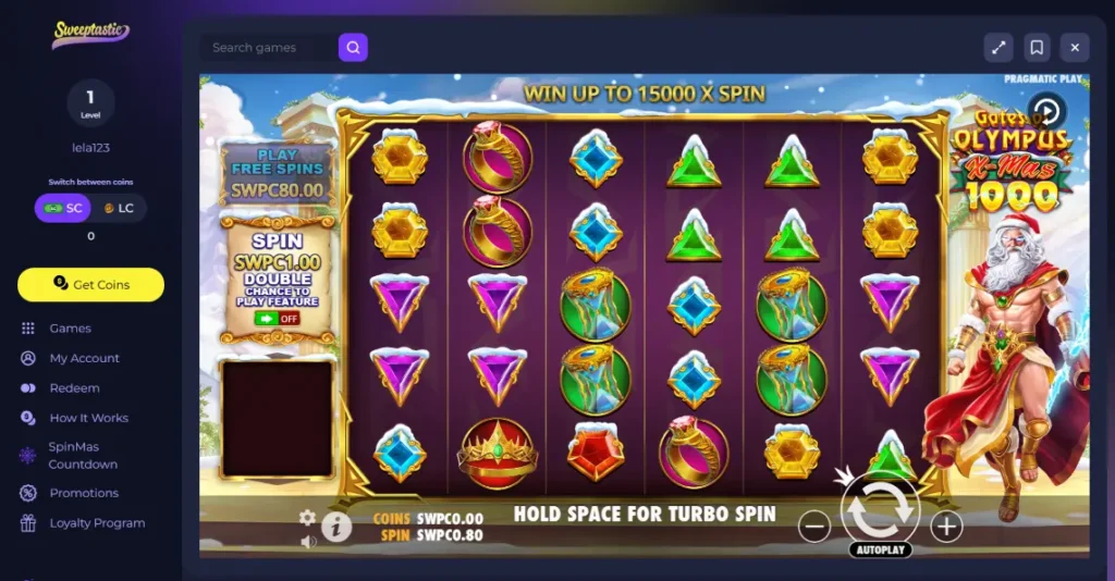 Gates of Olympus slot game at Sweeptastic Casino 2025